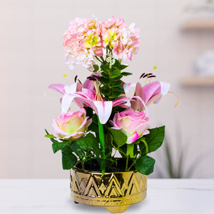 Elegant Faux Pink Lilies & Roses Bouquet In Golden Ceramic, Ideal For Desk & Shelf Decor by Accent Collection