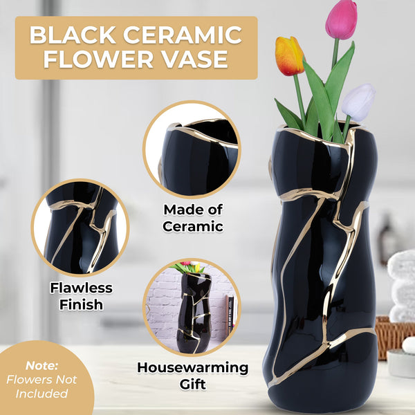 Black Ceramic Vase, Fresh Flower Vase, Golden Lines, Abstract Design by Accent Collection Home Decor