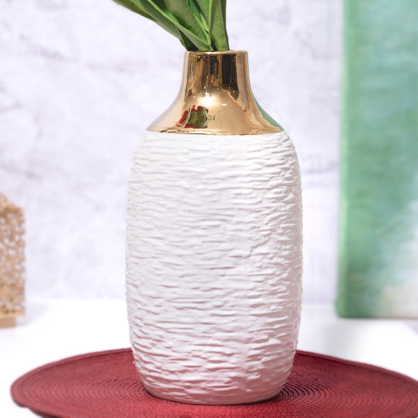 White Ceramic Vase with Golden Rim, Abstract Finish, Fresh Flower Vase by Accent Collection Home Decor