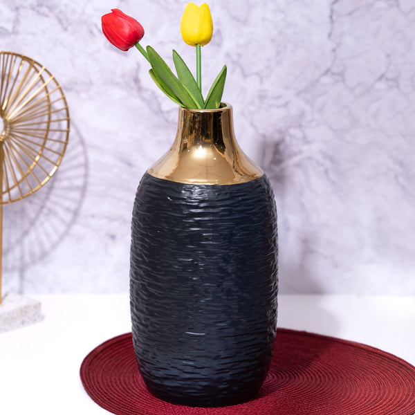 Black Ceramic Vase with Golden Rim, Abstract Finish, Fresh Flower Vase by Accent Collection Home Decor