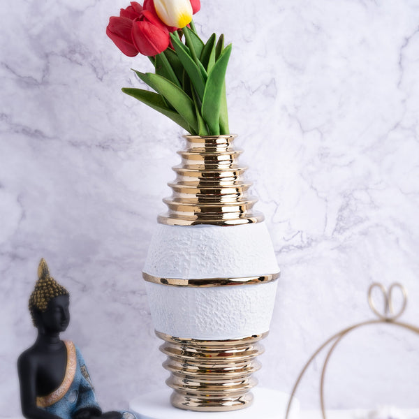 Elegant White Ceramic Tulip Vase With Golden Rims - 28cm Modern Centerpiece For Home Decor by Accent Collection