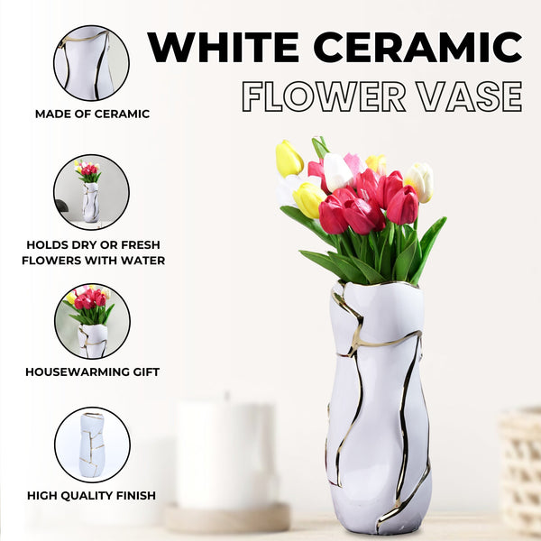 Abstract White Ceramic Golden Lines Vase - Elegant Table Centerpiece For Fresh & Faux Flowers by Accent Collection