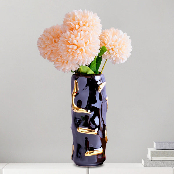 Black Ceramic Vase, Fresh Flower Vase, Golden Highlights, Abstract Design by Accent Collection Home Decor