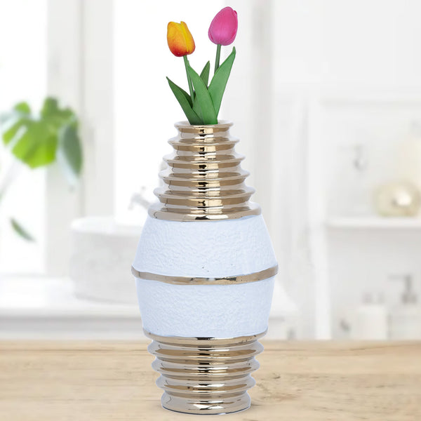 White Cone Vase with Golden Rims, 28 cm, Modern Design, Fresh Flower, Bud Vase by Accent Collection Home Decor