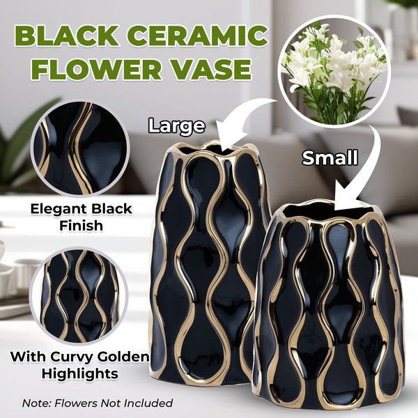 Black Ceramic Vase with Golden Trim, Countertop Decor, Flower Vase, Bud Vase by Accent Collection Home Decor