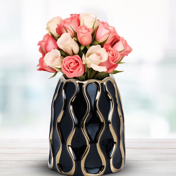 Black Ceramic Vase with Golden Trim, Countertop Decor, Flower Vase, Bud Vase Small by Accent Collection Home Decor