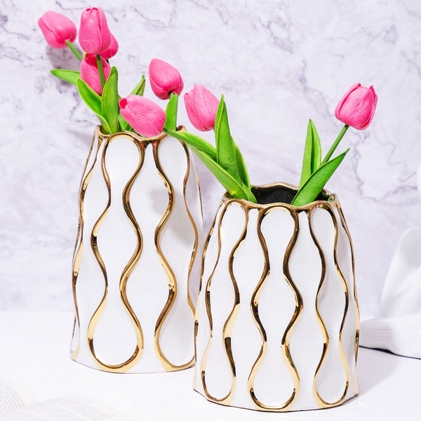 White Ceramic Vase with Golden Trim, Countertop Decor, Flower Vase, Bud Vase, Small by Accent Collection Home Decor