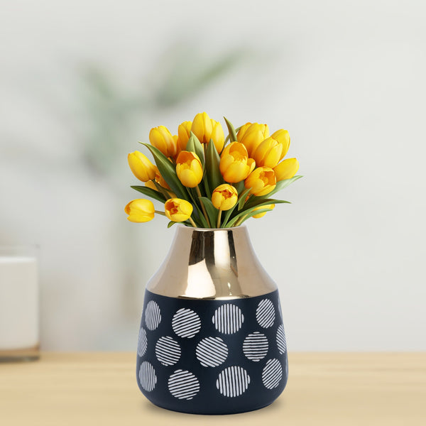 Black Ceramic Vase with Abstract Pattern and Golden Rim, Large by Accent Collection Home Decor