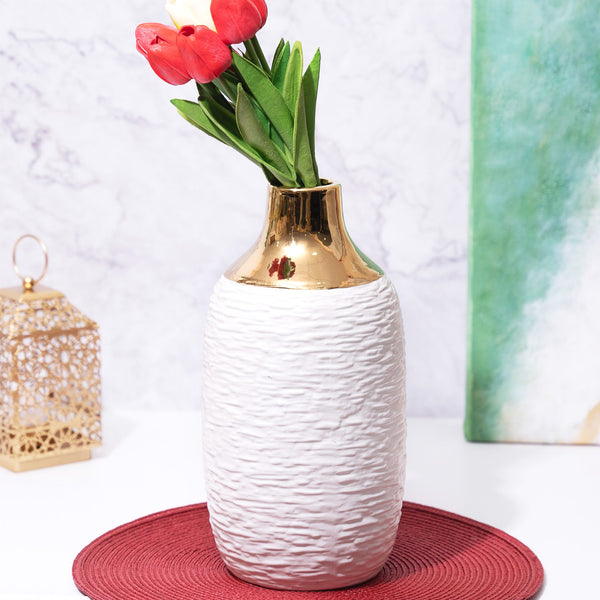 White Ceramic Vase with Golden Rim, Abstract Finish, Fresh Flower Vase by Accent Collection Home Decor