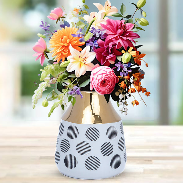 White Ceramic Bouquet Vase With Black Abstract Design And Golden Rim - Perfect For Fresh, Dry And Fake Flowers - Modern Centerpiece For Coffee Table, Mantel, And Entryway Decor by Accent Collection