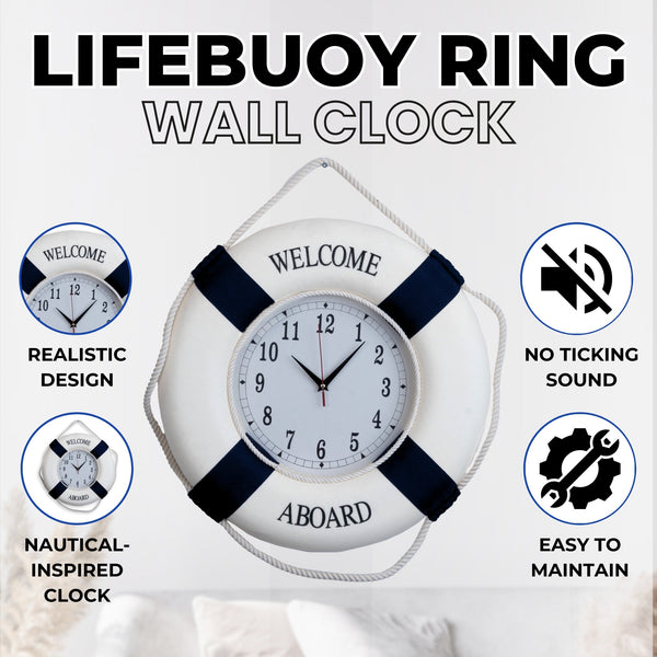 Nautical clock lifebuoy marine ring 45 cm wall clock, nautical decor, white blue, decorative clock