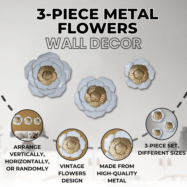 3 Piece Metal Flowers Wall Art, Wall Hangings and Decoration for Home, Living Room, Office, Different Sizes Set of Wall Decor for Rustic, Contemporary, Industrial, Bohemian, Farmhouse Styles