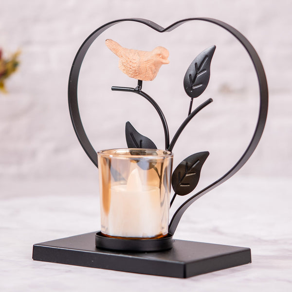 Tealight Candle Holder with Bird, Black Metal Candle Holder, Nature Inspired Table Top Decor, with Glass Container, Housewarming Gift, Unique Gift Idea for Mom, Dad, Friends, and Family