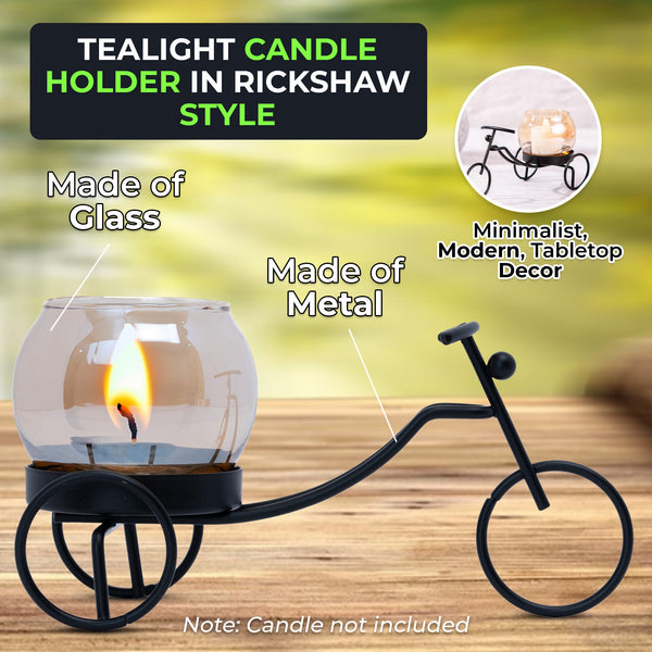 Vintage Iron Rickshaw Candle Holder With Glass Tealight - Black Metal Decor For Table Centerpiece by Accent Collection