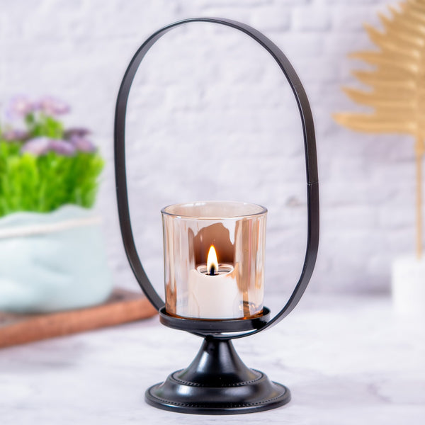 Tealight Candle Holder, Glass and Metal, Black