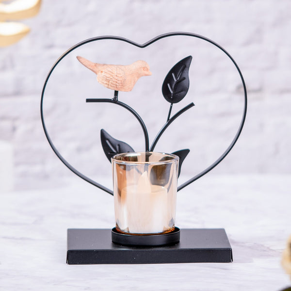 Tealight Candle Holder with Bird, Black Metal Candle Holder, Nature Inspired Table Top Decor, with Glass Container, Housewarming Gift, Unique Gift Idea for Mom, Dad, Friends, and Family