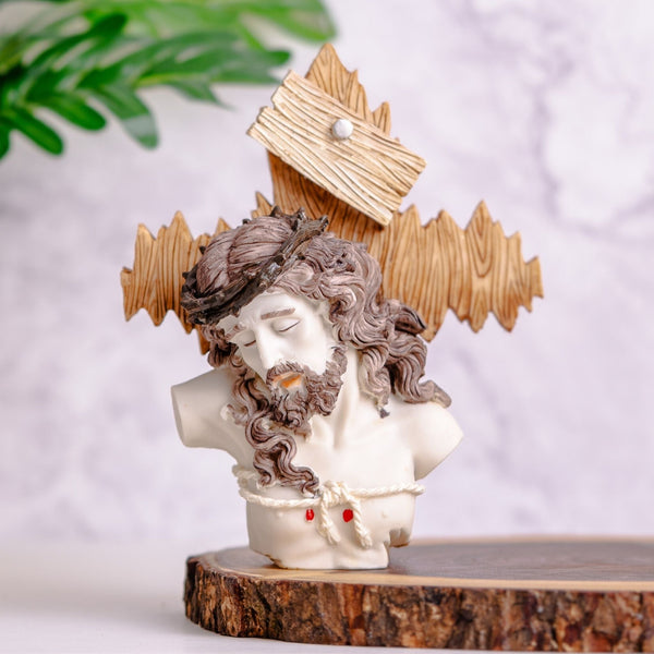Divine Grace Resin Tabletop Jesus Sculpture | White & Brown Sacred Heart Crucifix by Accent Collection