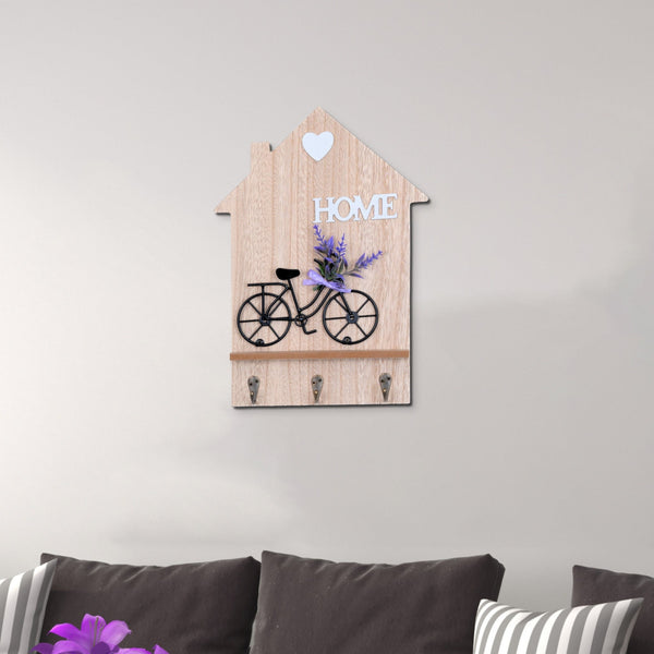 Wooden Key Holder, Wall Hanger with Cycle and 3 Hooks, Entrance or Hallway by Accent Collection Home Decor