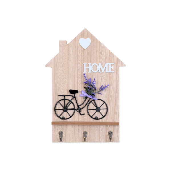Wooden Key Holder, Wall Hanger with Cycle and 3 Hooks, Entrance or Hallway by Accent Collection Home Decor