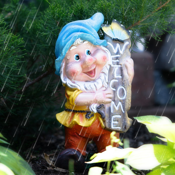 Large welcome gnome, indoor or outdoor, 32 cm, cute garden patio decor, blue hat