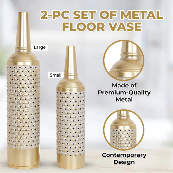 2 Pc Set of Metal Floor Vases, Modern Conical Design, Golden by Accent Collection Home Decor