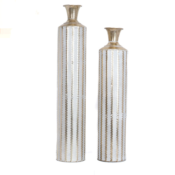 2 Pc Set of Large Metal Floor Vases, Golden and White, Living Room and Office Decor by Accent Collection Home Decor