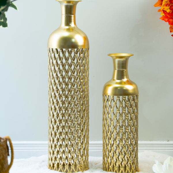 2 Pc Set of Metal Floor Vases, Mesh Design, Golden by Accent Collection Home Decor