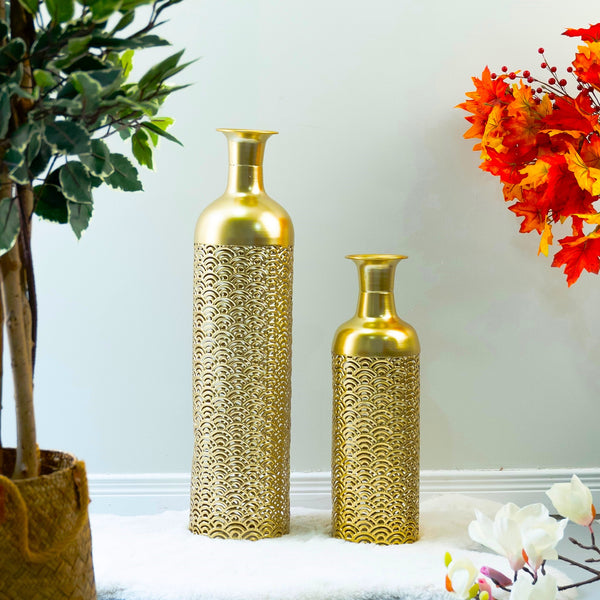 2 Pc Set of Metal Floor Vases, Curves, Golden by Accent Collection Home Decor