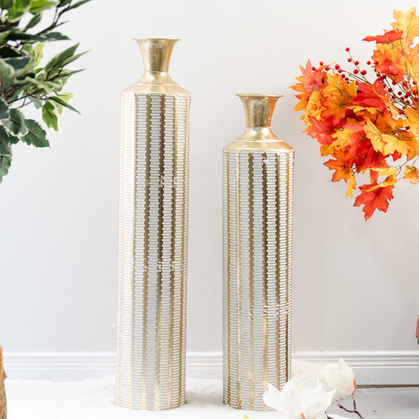 2 Pc Set of Large Metal Floor Vases, Golden and White, Living Room and Office Decor by Accent Collection Home Decor