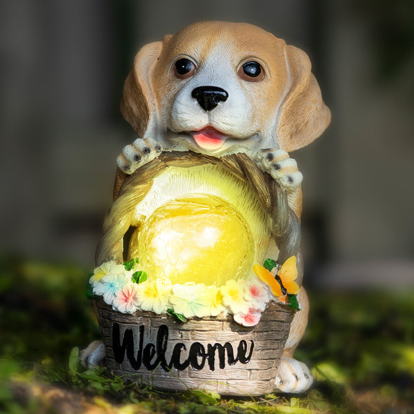 Brown Resin Dog Statue With Solar Garden Light And Welcome Basket by Accent Collection