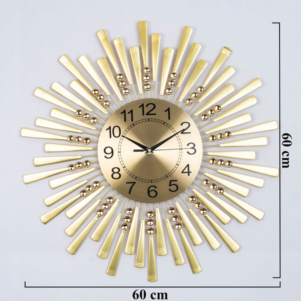 Large Golden Metal Wall Clock, 60 cm, Flat Sunrays Design by Accent Collection Home Decor