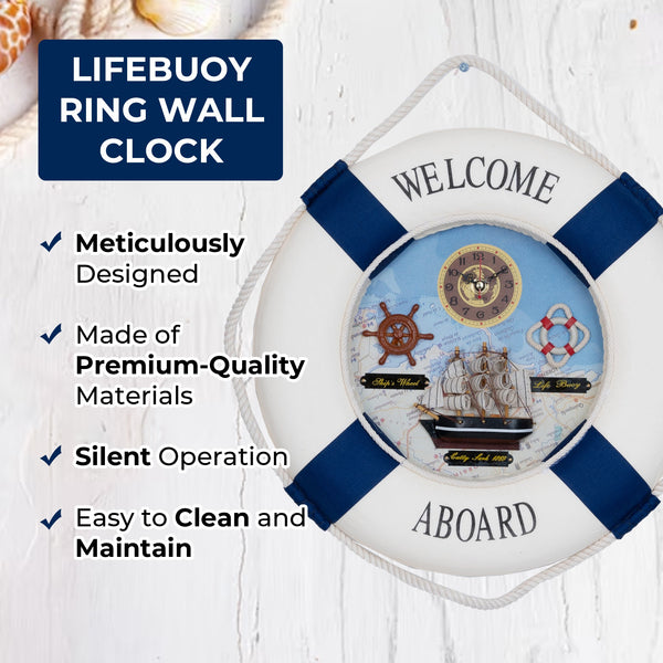 High-Quality Plastic & Cloth White Red Lifebuoy Silent Wall Clock For Nautical Home Decor by Accent Collection