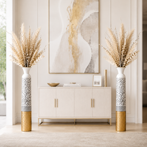 Set of 2 Tall White and Silver Round Metal Vases for Modern Home Decor, 14x14x106.7 cm