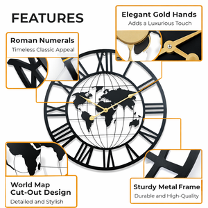 Round Metal Wall Clock, Black Embedded World Map, 24" Silent Roman Numeral Decorative Clock, Home Office Decor-Sona Casa