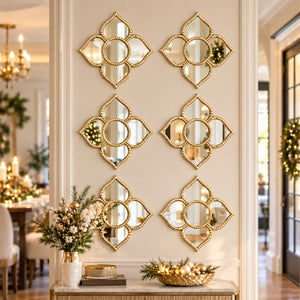 Golden Floral Wall Mirror Set, Traditional Modern Diwali Decor Gift, 25 cm Mirrors Pooja Room Decor-Sona Casa