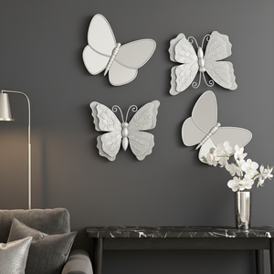4 Piece Silver Butterfly Wall Decor Set, 3D Wall Sculpture & Mirrored Accents, Modern Glam Home Decor for Bedroom, Living Room, Nursery-Sona Casa