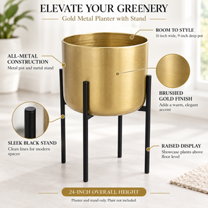 Modern Gold Planters with Black Stand Set, Pot for Real or Faux Plants and Trees-Sona Casa