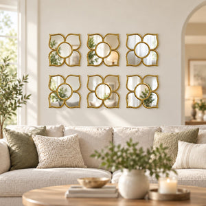 Golden Floral Wall Mirror Set, Traditional Modern Diwali Decor Gift, 25 cm Mirrors Pooja Room Decor-Sona Casa
