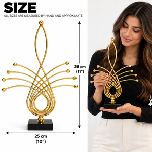 Gold metal statue size guide showing 28 cm height and 25 cm width