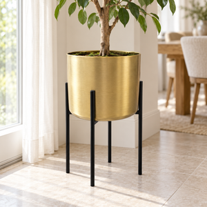 Modern Gold Planters with Black Stand Set, Pot for Real or Faux Plants and Trees-Sona Casa