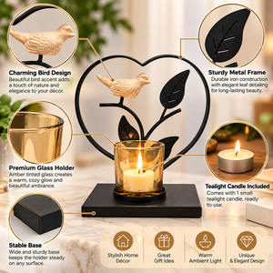 Black Metal Heart-Shaped Bird Tealight Candle Holder with Glass Cup – Tabletop Decor