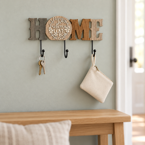 Rustic Farmhouse Wooden Key Holder Hanger, 3-Hook 11" Wide Wall Mount Organizer For Caps, Leashes, Keys, Home, Entryway Decor
