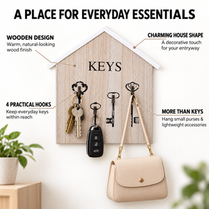 Wooden Wall Mounted Key Holder, 10" 4-Hook Farmhouse Rustic Home Office Entryway Decorative Organizer Rack, Gifts