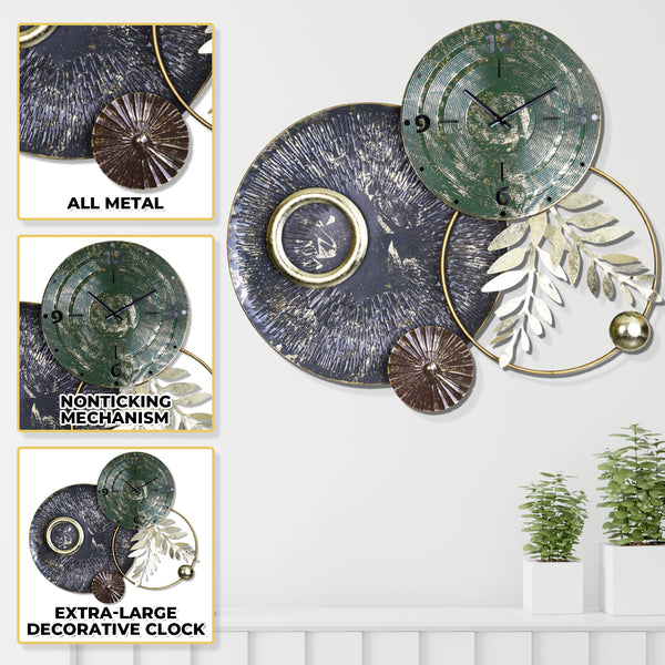 Whimsical Extra Large Silent Non-Ticking Metal Wall Clock in Green, Grey, Gold, and Brown - A Luxury, Rustic Accent for Any Room