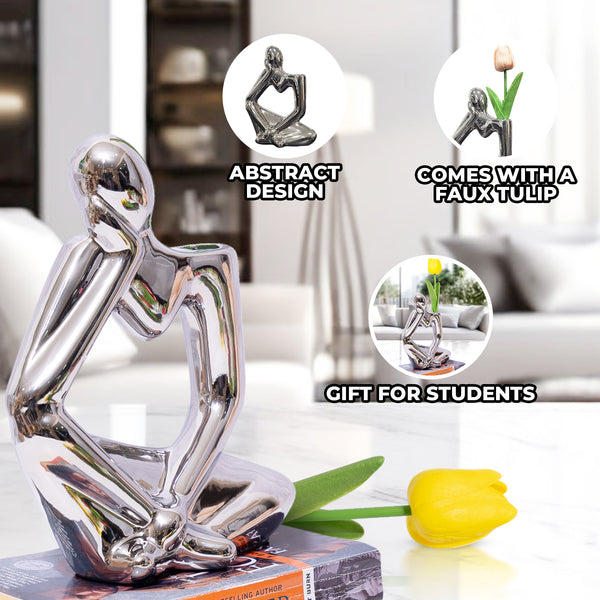 Silver Ceramic Chrome Bud Vase With Abstract Thinker Statue And 1 Tulip Stem - Boho Minimalistic Desk Decor