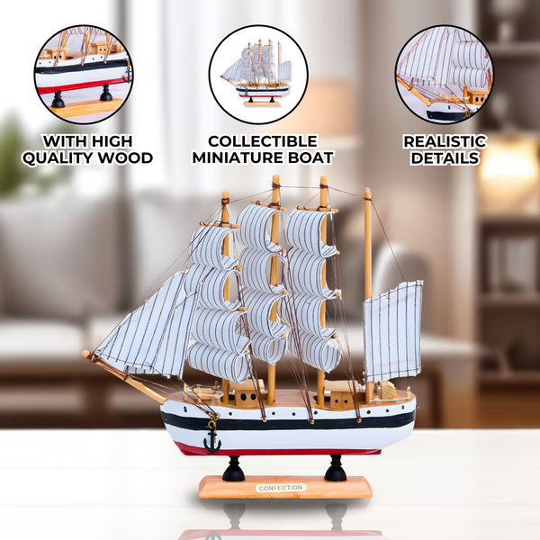 Blue Sail, White Waves Wooden Ship Model - Realistic Cloth Sails for Nautical Decor & Home Sailing Spirit