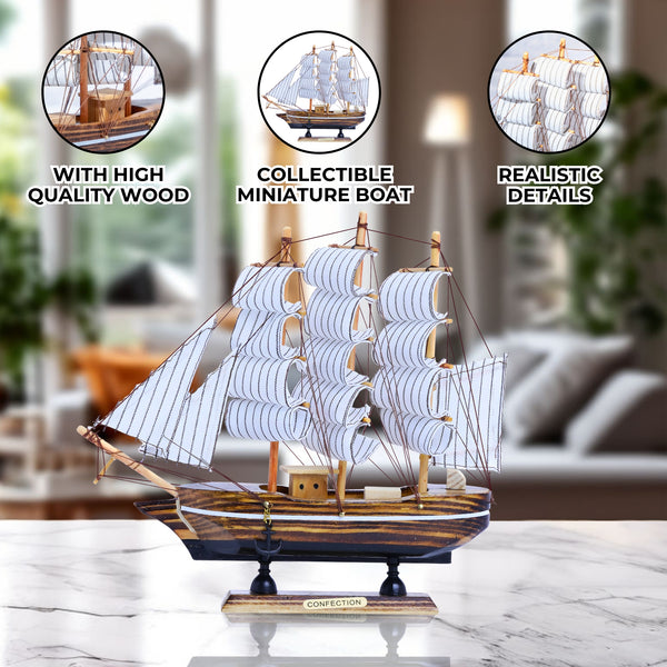 Brown Wooden Sailboat Model With Realistic Cloth Sails - Nautical Marine-Inspired Home Decor