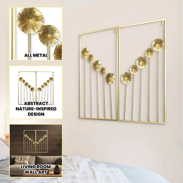 Golden Dandelions Metal Wall Art Set, 2 Piece 30" Floral Wall Decor