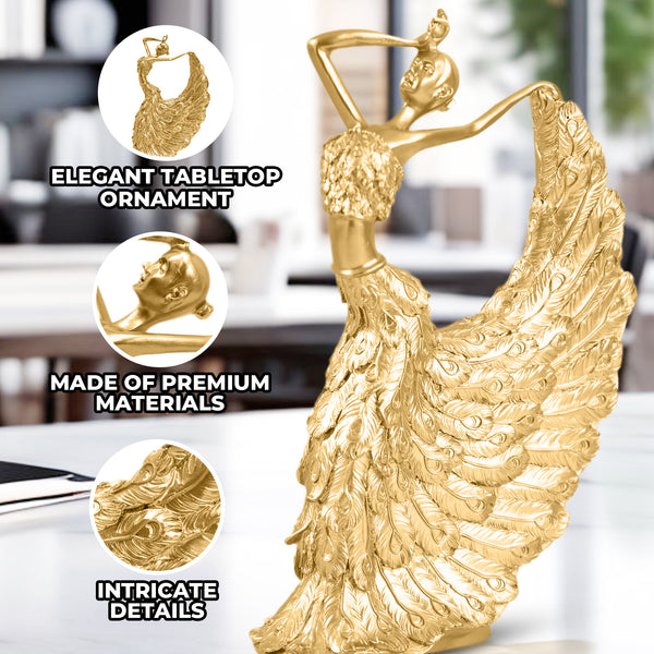 Golden Peacock Feather Polyresin Figurine - Elegant Shelf And Table Decor For A Modern Touch