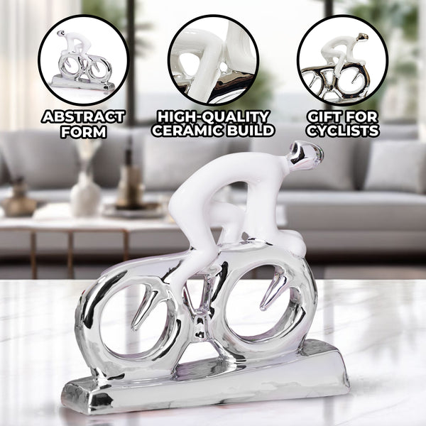 Abstract Cyclist Sculpture, White Silver Ceramic, Living Room Console Table Decor Piece